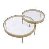 Benzara Contemporary Metal and Glass Round Nesting Table, Set of 2, Gold and Clear BM211120 Gold and Clear Metal, Glass BM211120