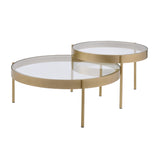 Contemporary Metal and Glass Round Nesting Table, Set of 2, Gold and Clear