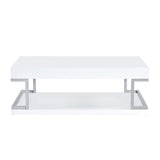 Benzara High Gloss Contemporary Coffee Table with Bottom Shelf, White and Silver BM211121 White and Silver Metal, MDF, Particle Board BM211121