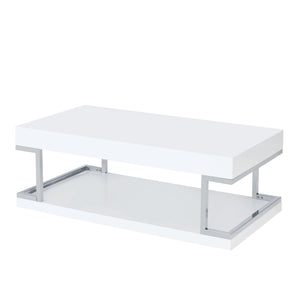 Benzara High Gloss Contemporary Coffee Table with Bottom Shelf, White and Silver BM211121 White and Silver Metal, MDF, Particle Board BM211121