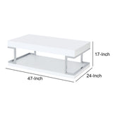 Benzara High Gloss Contemporary Coffee Table with Bottom Shelf, White and Silver BM211121 White and Silver Metal, MDF, Particle Board BM211121