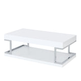 Benzara High Gloss Contemporary Coffee Table with Bottom Shelf, White and Silver BM211121 White and Silver Metal, MDF, Particle Board BM211121