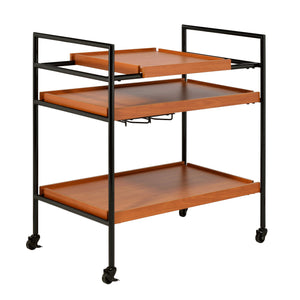 Benzara Metal Frame Serving Cart with Adjustable Compartments, Oak Brown and Black BM211124 Brown and Black Metal, Veneer, MDF BM211124