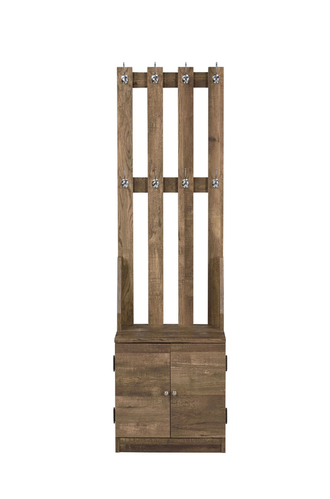 Benzara Wooden Hall Tree with 8 Hooks and Bottom Compartment, Weathered Brown BM211135 Brown Veneer, Particle Board BM211135