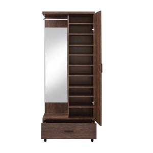 Benzara Mirrored Wooden Hall Tree with 1 Door and 1 Drawer, Brown and Silver BM211136 Brown and Silver Metal, Veneer, Particle Board, Mirror BM211136