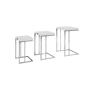 Benzara Textured Wooden Top End Table with Metal Base,Set of 3,White and Silver BM211155 White and Silver Solid Wood and Metal BM211155