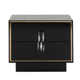 Benzara 2 Drawer Wooden Nightstand with Textured Details and Metal Accents, Black BM211173 Black Solid Wood and Faux Leather BM211173