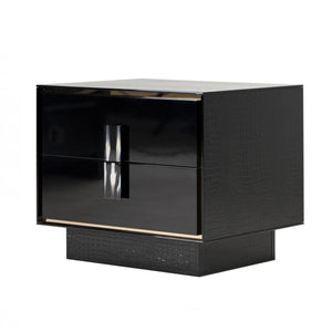 Benzara 2 Drawer Wooden Nightstand with Textured Details and Metal Accents, Black BM211173 Black Solid Wood and Faux Leather BM211173