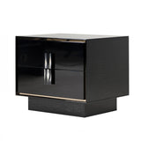 2 Drawer Wooden Nightstand with Textured Details and Metal Accents, Black