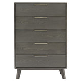 Benzara 5 Drawer Wooden Chest with Metal Bar Handles and Tapered Legs, Gray BM211181 Gray Solid Wood and Metal BM211181