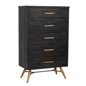 Benzara 5 Drawer Wooden Chest with Metal Bar Handles and Angled Legs,Black and Gold BM211182 Black and Gold Solid Wood and Metal BM211182