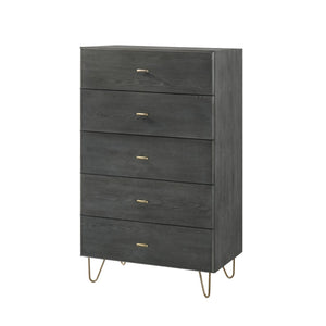 Benzara 5 Drawer Wooden Chest with Metal Hairpin Legs, Gray and Gold BM211188 Gray and Gold Solid Wood, Veneer and Metal BM211188