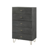 5 Drawer Wooden Chest with Metal Hairpin Legs, Gray and Gold