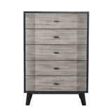 Benzara Wooden Chest with 5 Drawers and Metal Bar Handles, Gray and Black BM211197 Gray and Black Solid Wood, Veneer and Metal BM211197