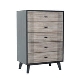 Benzara Wooden Chest with 5 Drawers and Metal Bar Handles, Gray and Black BM211197 Gray and Black Solid Wood, Veneer and Metal BM211197