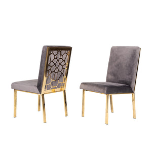 Benzara Fabric Upholstered Dining Chair with Metal Frame, Set of 2, Gray and Gold BM211200 Gray and Gold Solid Wood, Fabric and Metal BM211200