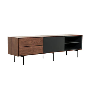 Benzara 2 Drawer TV Stand with 1 Door and 2 Open Compartments, Gray and Brown BM211207 Gray and Brown Solid Wood, Veneer and Metal BM211207