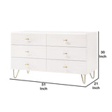 Benzara 6 Drawer Wooden Dresser with Metal Hairpin Legs, White and Gold BM211214 White and Gold Solid Wood and Metal BM211214