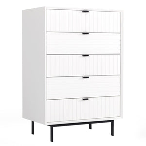 Benzara Wooden 5 Drawer Chest with Bar Pulls and Metal Straight Legs, White BM211227 White Solid wood, Metal BM211227