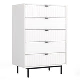 Benzara Wooden 5 Drawer Chest with Bar Pulls and Metal Straight Legs, White BM211227 White Solid wood, Metal BM211227