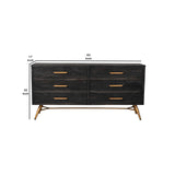 Benzara 6 Drawer Wooden Dresser with Bar Handles and Angled Legs, Black and Gold BM211228 Black, Gold Solid wood, Metal BM211228