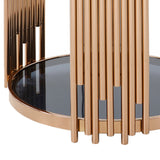 Benzara Round Shaped End Table with Smoked Glass Top and Metal Pipe Frame, Gold and Black BM211243 Black, Gold Metal, Glass BM211243