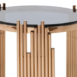 Benzara Round Shaped End Table with Smoked Glass Top and Metal Pipe Frame, Gold and Black BM211243 Black, Gold Metal, Glass BM211243