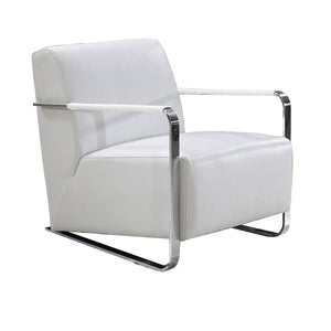 Benzara Leather Lounge Chair with Steel Arms and Sled Base, White and Silver BM211244 Black, Silver Solid wood, Leather, Metal BM211244