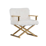 Faux Fur Steel Lounge Chair with Removable Cushion, White and Gold
