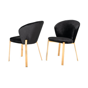 Benzara Velvet Curved Back Dining Chair with Metal Legs, Set of 2, Black and Gold BM211264 Black, Gold Solid wood, Fabric, Metal BM211264