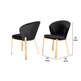 Benzara Velvet Curved Back Dining Chair with Metal Legs, Set of 2, Black and Gold BM211264 Black, Gold Solid wood, Fabric, Metal BM211264