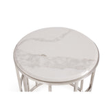 Benzara Marble Top Round End Table with Open Geometric Base, White and Silver BM211269 Silver, White Metal, Marble BM211269