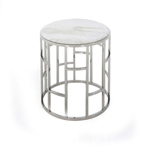 Benzara Marble Top Round End Table with Open Geometric Base, White and Silver BM211269 Silver, White Metal, Marble BM211269