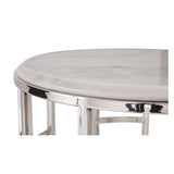 Benzara Marble Top Round End Table with Open Geometric Base, White and Silver BM211269 Silver, White Metal, Marble BM211269