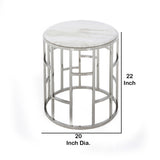 Benzara Marble Top Round End Table with Open Geometric Base, White and Silver BM211269 Silver, White Metal, Marble BM211269