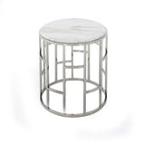 Benzara Marble Top Round End Table with Open Geometric Base, White and Silver BM211269 Silver, White Metal, Marble BM211269