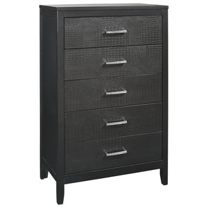 Benzara 5 Drawer Wooden Chest with Embossed Textured Details, Dark Gray BM213197 Gray Solid Wood, Engineered Wood BM213197