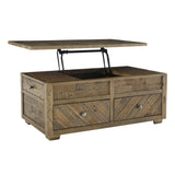 Benzara Wooden Lift Top Cocktail Table with 4 Drawers and Knots Details, Brown BM213227 Brown Solid Wood, Veneer, Engineered wood and Metal BM213227