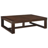 Benzara Grained Wooden Frame Cocktail Table with Trestle Base, Dark Brown BM213239 Brown Solid Wood, Veneer and Engineered Wood BM213239