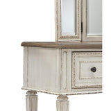 Benzara Antiqued Wooden Mirror Stool Set with Square Tapered Legs, White and Brown BM213248 White and Brown Wood BM213248