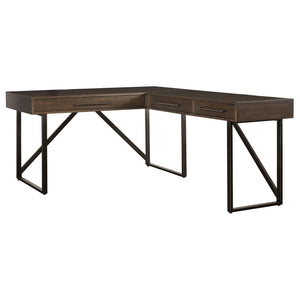 Benzara Contemporary Style L-Configured Wooden Office Desk with Drawers, Brown BM213252 Brown Wood, Metal BM213252