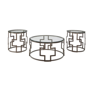 Benzara Contemporary Round Table Set with Glass Top and Geometric Metal Body,Bronze BM213258 Gray Metal and Glass BM213258