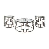 Benzara Contemporary Round Table Set with Glass Top and Geometric Metal Body,Bronze BM213258 Gray Metal and Glass BM213258