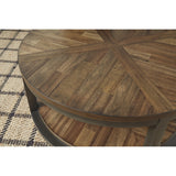 Benzara Round Metal Frame Table Set with Wooden Top and Open Bottom Shelf, Brown BM213261 Brown and Gray Solid Wood, Engineered Wood, Veneer and Metal BM213261