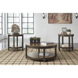 Benzara Round Metal Frame Table Set with Wooden Top and Open Bottom Shelf, Brown BM213261 Brown and Gray Solid Wood, Engineered Wood, Veneer and Metal BM213261