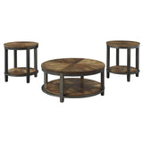 Round Metal Frame Table Set with Wooden Top and Open Bottom Shelf, Brown