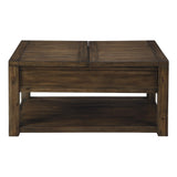 Benzara Rectangular Split and Lift Top Wooden Cocktail Table with Open Shelf, Brown BM213276 Brown Solid Wood, Metal, Veneer and Engineered Wood BM213276