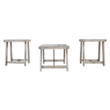 Benzara Wooden Table Set with Canted Legs and Tension Bars, Washed White BM213278 White Solid Wood, Engineered Wood, Veneer and Metal BM213278