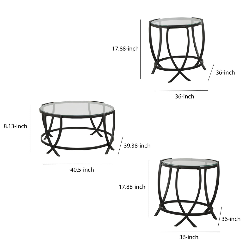 Benzara Contemporary Round Table Set with Glass Top and Geometric Metal Body, Black BM213280 Black Metal and Glass BM213280