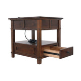Benzara 1 Drawer Lift Top End Table with Open Bottom Shelf and Power Hub, Brown BM213293 Brown Veneer, Solid Wood, Engineered Wood and Metal BM213293